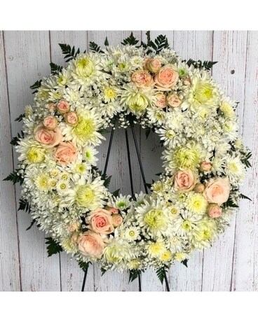 White & Peach Wreath Sympathy Arrangement