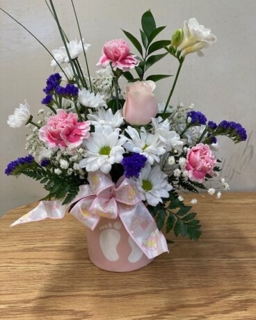 Baby Footprints in Pink Flower Arrangement