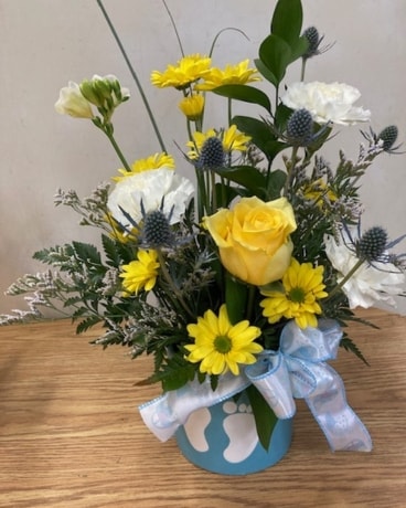 Baby Footprints in Blue Flower Arrangement