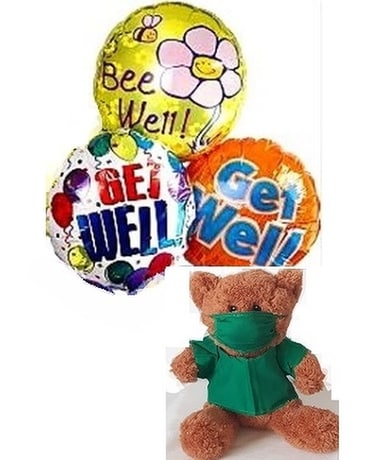 Get Well Balloons And Scrub Teddy Bear Gifts
