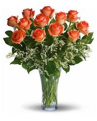Fiery Flames-Dozen Orange Roses Flower Arrangement
