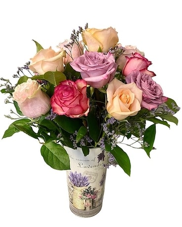 Pastel Roses in Illustrated Tin Flower Arrangement