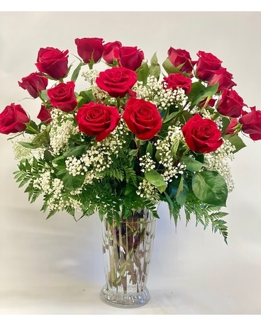 Two Dozen Red Roses With Babies Breath Flower Arrangement