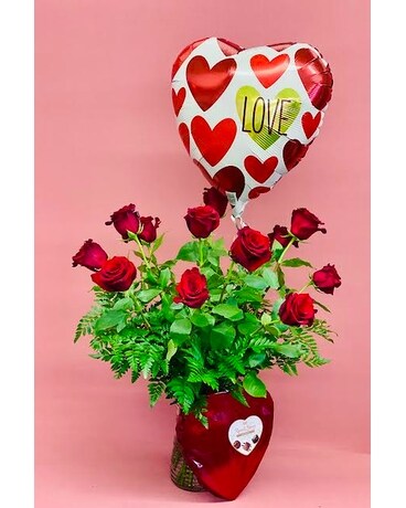Dozen Red Roses With Chocolates & Balloon Flower Arrangement