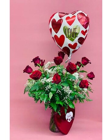 Dozen Red Roses With Filler, Chocolates & Balloon Flower Arrangement