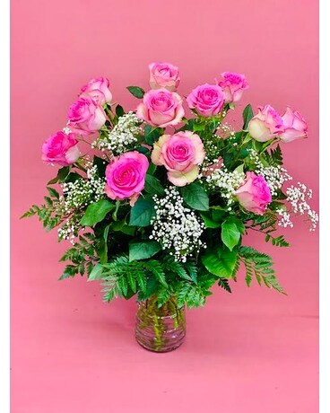 Dozen Pink Roses With Babies Breath Flower Arrangement