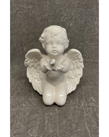 White Glass Angel Holding Bird Gifts