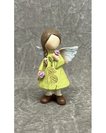 Angel with flowers size,  inches height and  inches wide.