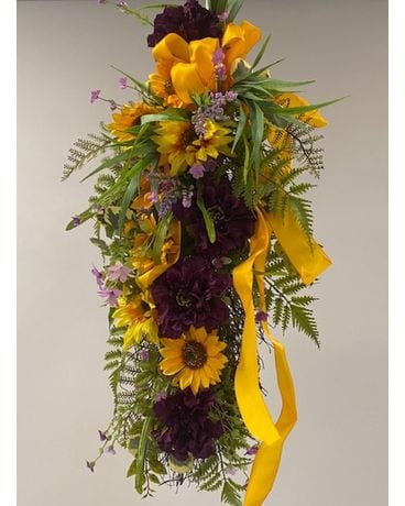 Yellow and Plum Silk Swag Flower Arrangement