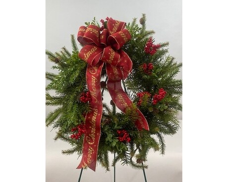 Silk Wreath with Merry Christmas Ribbon Flower Arrangement