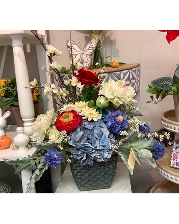 Blue, Red and Ivory Centerpiece Flower Arrangement