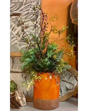 Succulents in Orange Clay vase Flower Arrangement