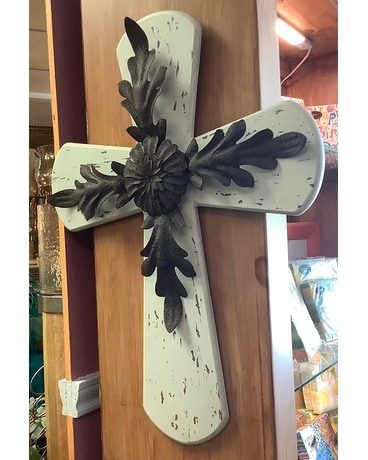 Wooden Cross with Metal Fleur Flower Arrangement