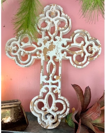 White Wooden Cross Flower Arrangement