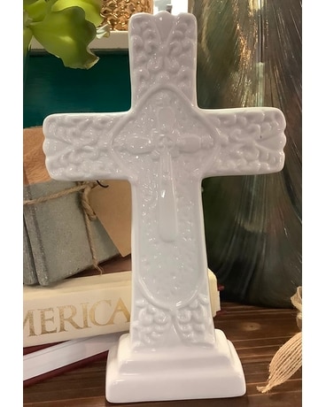 White Ceramic Cross Flower Arrangement