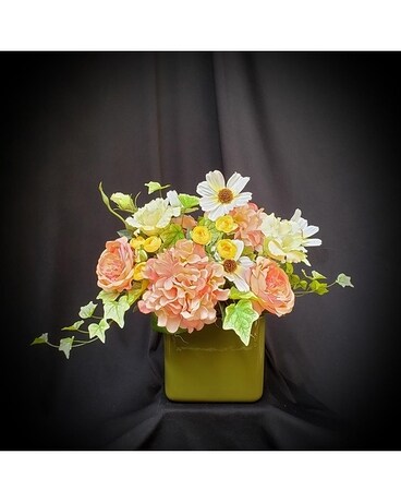 Silk in Corals, whites, peaches & Greens Flower Arrangement