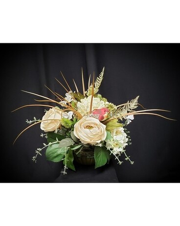 Silk in White, Beige & Cream with Bird in Ceramic Flower Arrangement