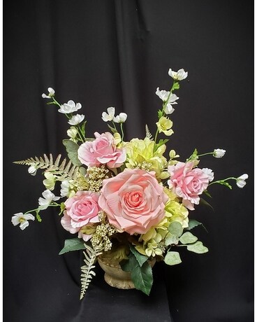 Silk in Pinks, Whites & greens with Wildflowers Flower Arrangement