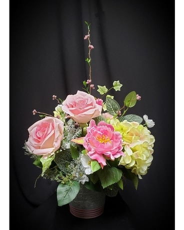 Silk in Pink, White & Green in Garden Tin Flower Arrangement