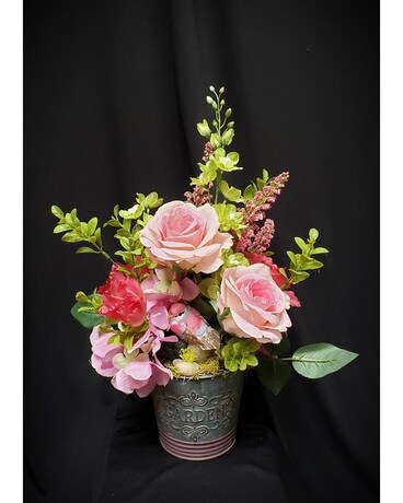 Silk in Pinks Shades in Garden Tin Flower Arrangement