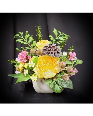 Silk in Pinks, Yellows & Greens in Ceramic Pot Flower Arrangement
