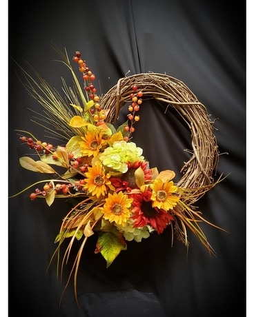 Fall Silk Wreath with Swag of Berries Accents Flower Arrangement
