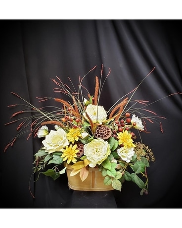 Fall Silk in Wooden Basket with Berries & Grasses Flower Arrangement