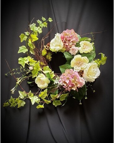 Silk Wreath in Pink & White on Huckleberry & Birch Flower Arrangement