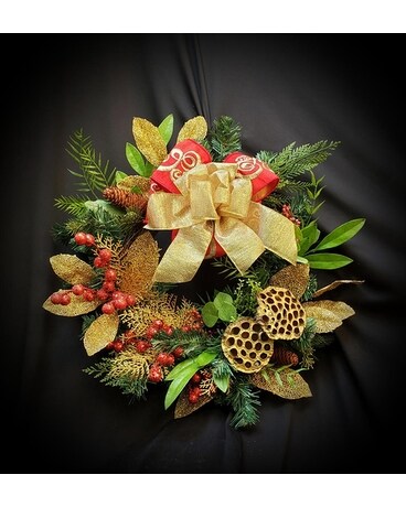 Winter Silk Wreath with Berries & Gold & Red Bow Flower Arrangement