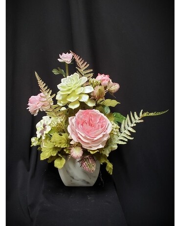 Silk in Pinks & Wildflowers in Ceramic Flower Arrangement