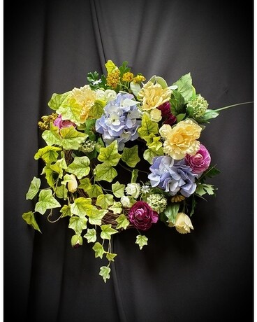 Silk Wreath in Blue Hydrangea, Yellows & Pinks Flower Arrangement