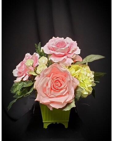 Silk in Pinks & Greens in Green Tin Flower Arrangement