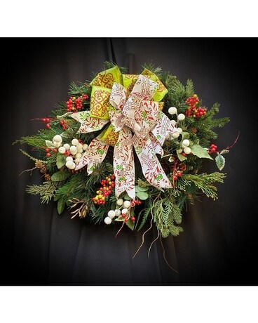 Winter Silk Wreath with Candy Cane Bow Flower Arrangement