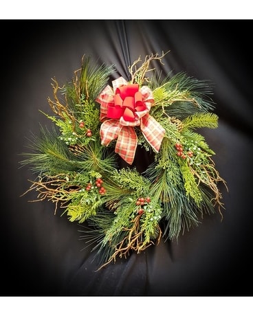 Winter Silk Wreath with Berries & Velvet on Tartan Flower Arrangement