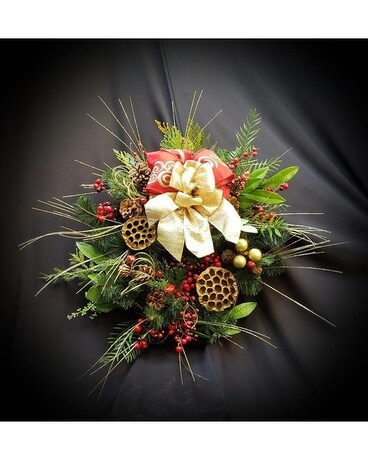 Winter Silk Wreath in Reds & Golds with Ornate Bow Flower Arrangement