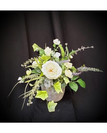 Silk in White, Cream & Lavender in Pale Grey Pot Flower Arrangement