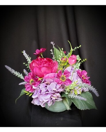 Silk in Fuchsia, Purple & Lavender in Blue Ceramic Flower Arrangement