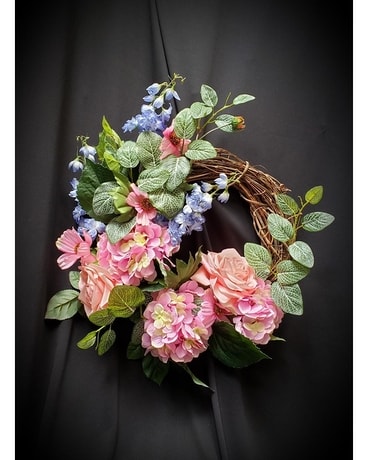 Silk Wreath with Swag of Pink, Blue & Peach Flower Arrangement
