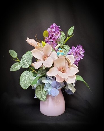 Silk in Pink, Lavender & Blue with Nestled Bird Flower Arrangement