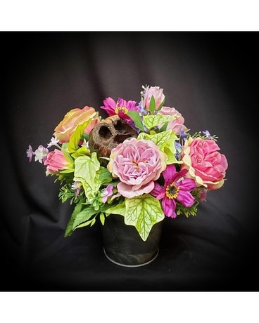 Silk in Purples in Grey Tin Flower Arrangement