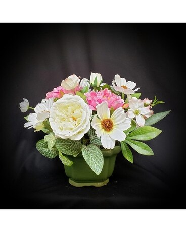 Silk in White & Pink with Green Ceramic Flower Arrangement