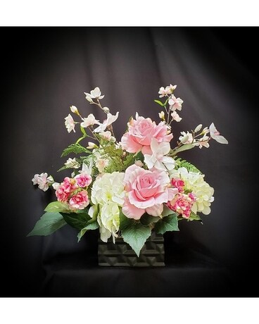 Silk in Pink & White with Black Ceramic Flower Arrangement