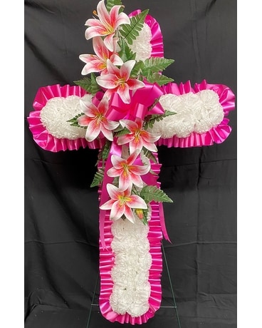 Artificial Hot Pink Cross Funeral Arrangement