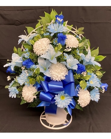 Artificial Blues & White Sympathy Basket Funeral Arrangement