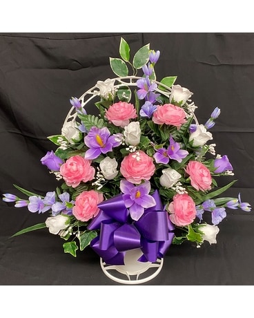 Artificial Pink, Lavender & White Sympathy Basket Funeral Arrangement