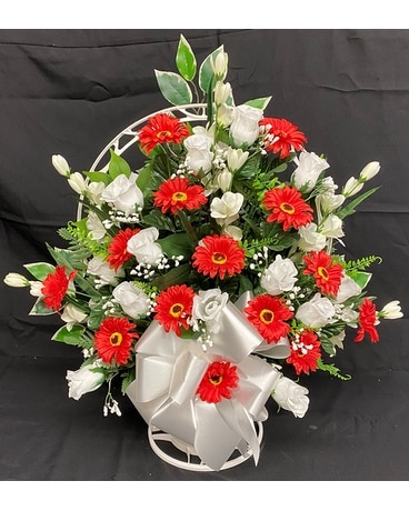 Artificial Red & White Sympathy Basket Funeral Arrangement
