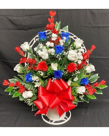 Artificial Red, White & Blue Sympathy Basket Funeral Arrangement