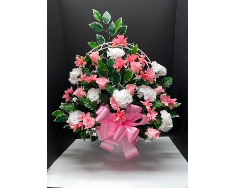 Artificial Pink & White Sympathy Basket Funeral Arrangement