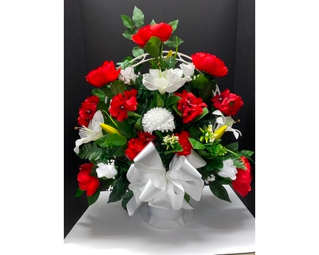 Artificial Red & White Sympathy Basket Funeral Arrangement