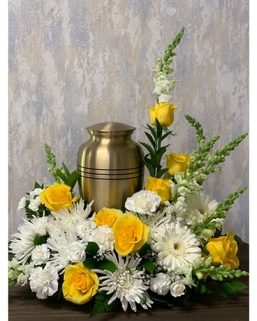 Yellow and White Memorial Urn Arrangement Flower Arrangement